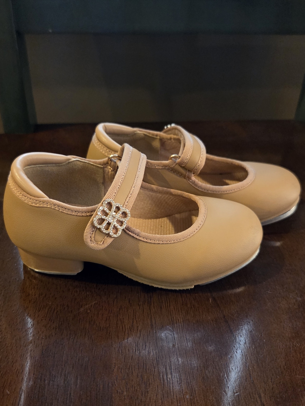 Tan Toddler Tap Shoes Velcro With Rhinestone Flower